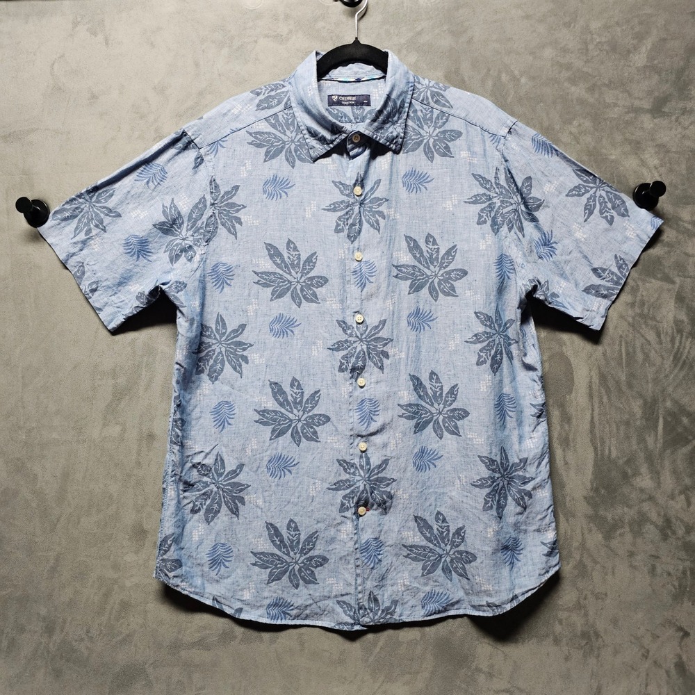 Cremieux Collection Mens Blue 100% Linen Tropical Leaf Short Sleeve Shirt Large